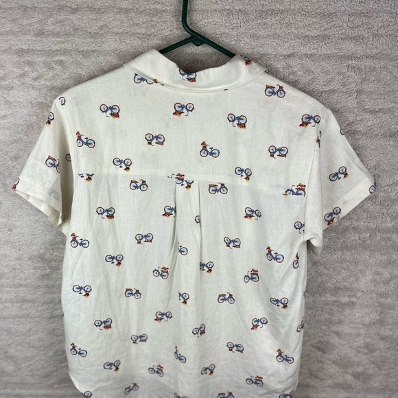 RAE DUNN Bicycle Flowers in Basket Linen Button Up Shirt Medium Novelty Print - Picture 13 of 16